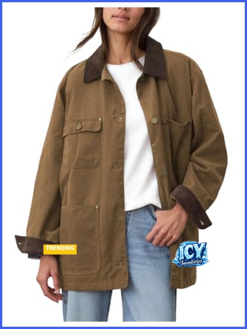 Women's Oversized Cotton Barn Jacket Corduroy Collar Utility Coat